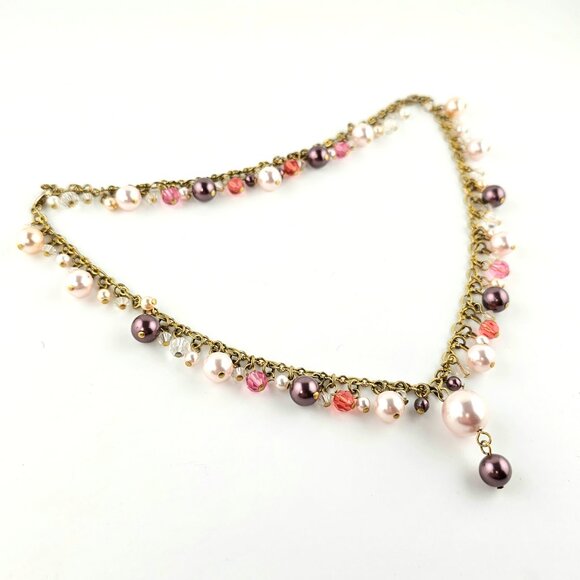 Faux Pearl Charm Necklace Gold Tone Double Clasp Multicolor Beaded - Picture 6 of 10